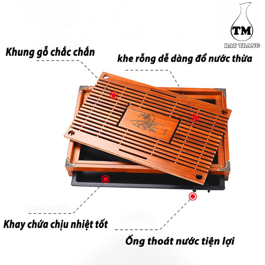 Khay Trà Tre Đựng Ấm Chén Khắc Lan + Tặng 01 Cây Thông Thơm