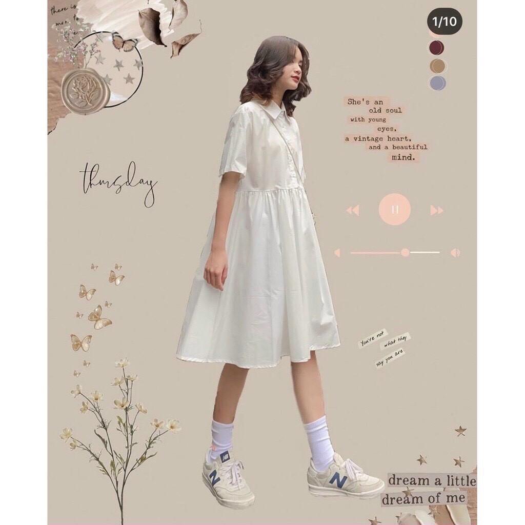Váy Babydoll Trắng Tay Ngắn Dáng Xòe SANMAY Đầm Đi Dự Tiệc Cưới,Đi Chơi,Form Rộng Cổ Sơ Mi Ulzzang Hàn Quốc VD044