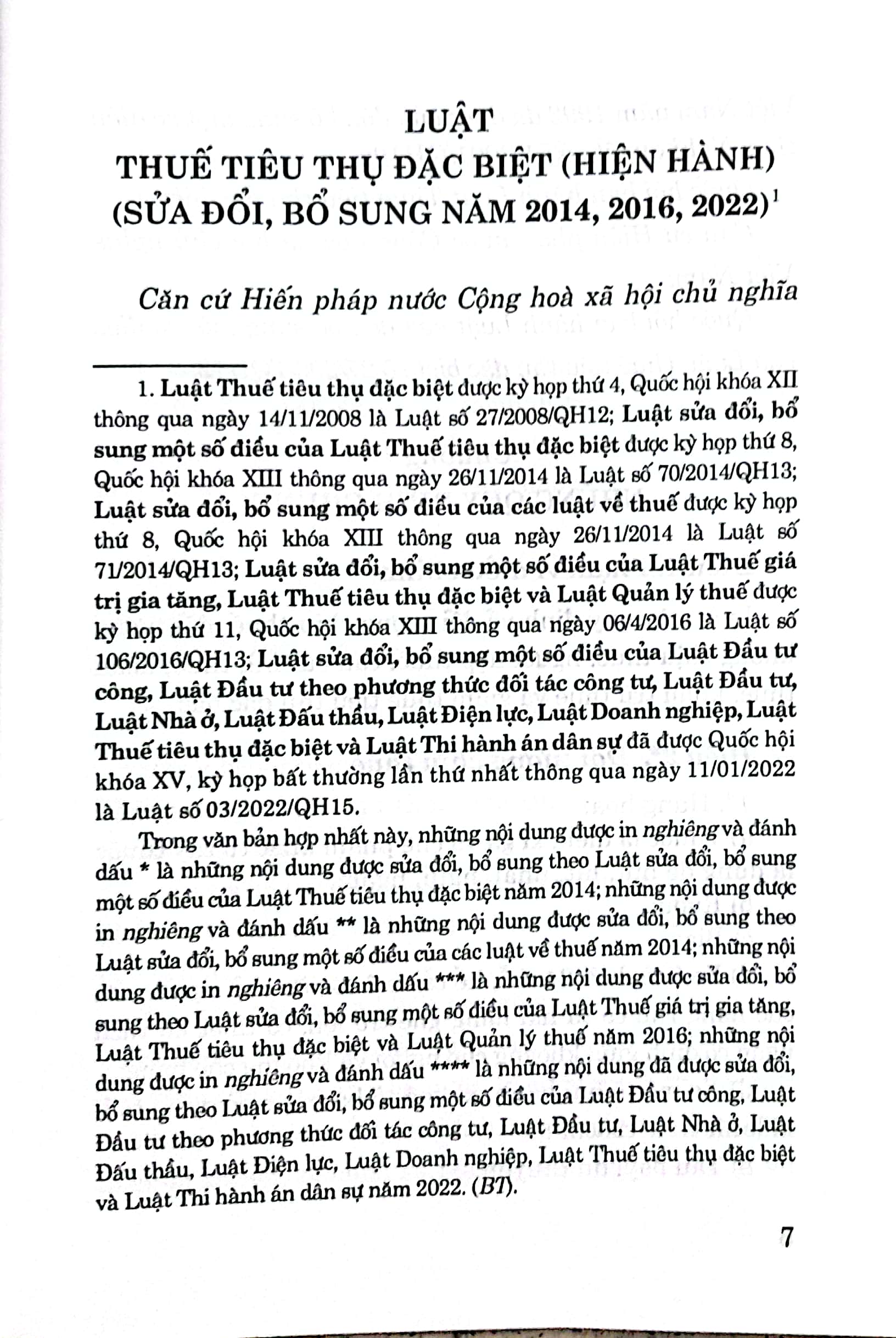 Luật Thuế tiêu thụ đặc biệt (Hiện hành) (Sửa đổi, bổ sung năm 2014, 2016, 2022)