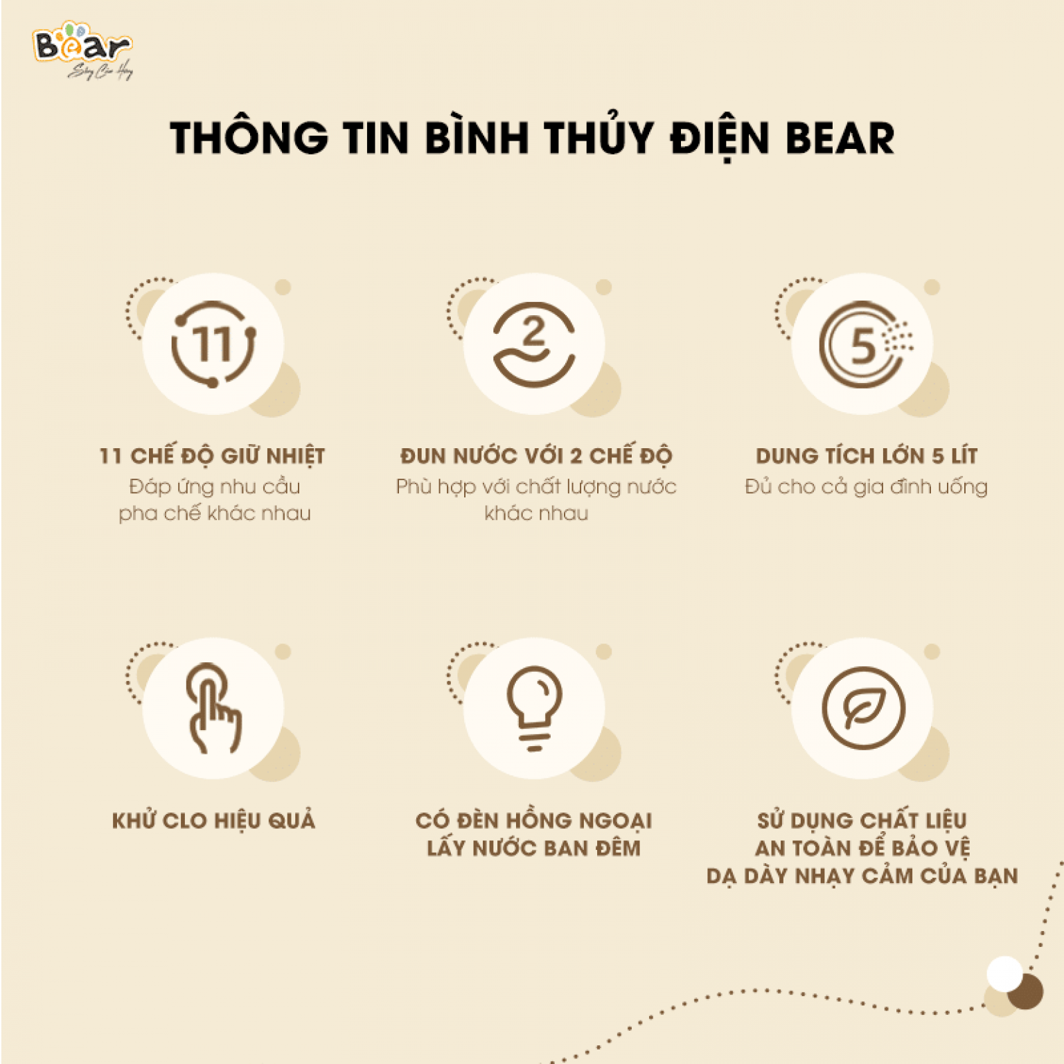 Bình Thủy Điện, Bình Giữ Nhiệt Thông Minh BEAR SB-BTD5L Khử Clo Dung Tích 5 Lít Công Suất 1350 W - Hàng Chính Hãng