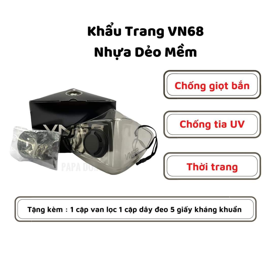 Khẩu trang nhựa dẻo trong suốt VN68 - Màu xám khói, thời trang, tái sử dụng nhiều lần