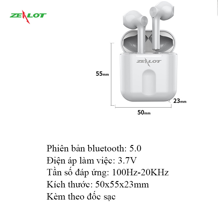 Tai nghe bluetooth Zealot không dây nhét tai, tai phone bluetooth thể thao tương thích hầu hết các thiết bị điện thoại samsung, iphone, xiaomi, oppo... laptop tặng kèm 1 móc khóa chữ Bamboo