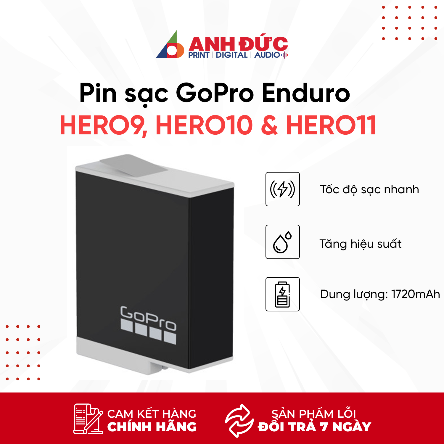 Pin Sạc GoPro Enduro HERO9, HERO10 &amp; HERO11 thế hệ mới - Hàng Chính Hãng