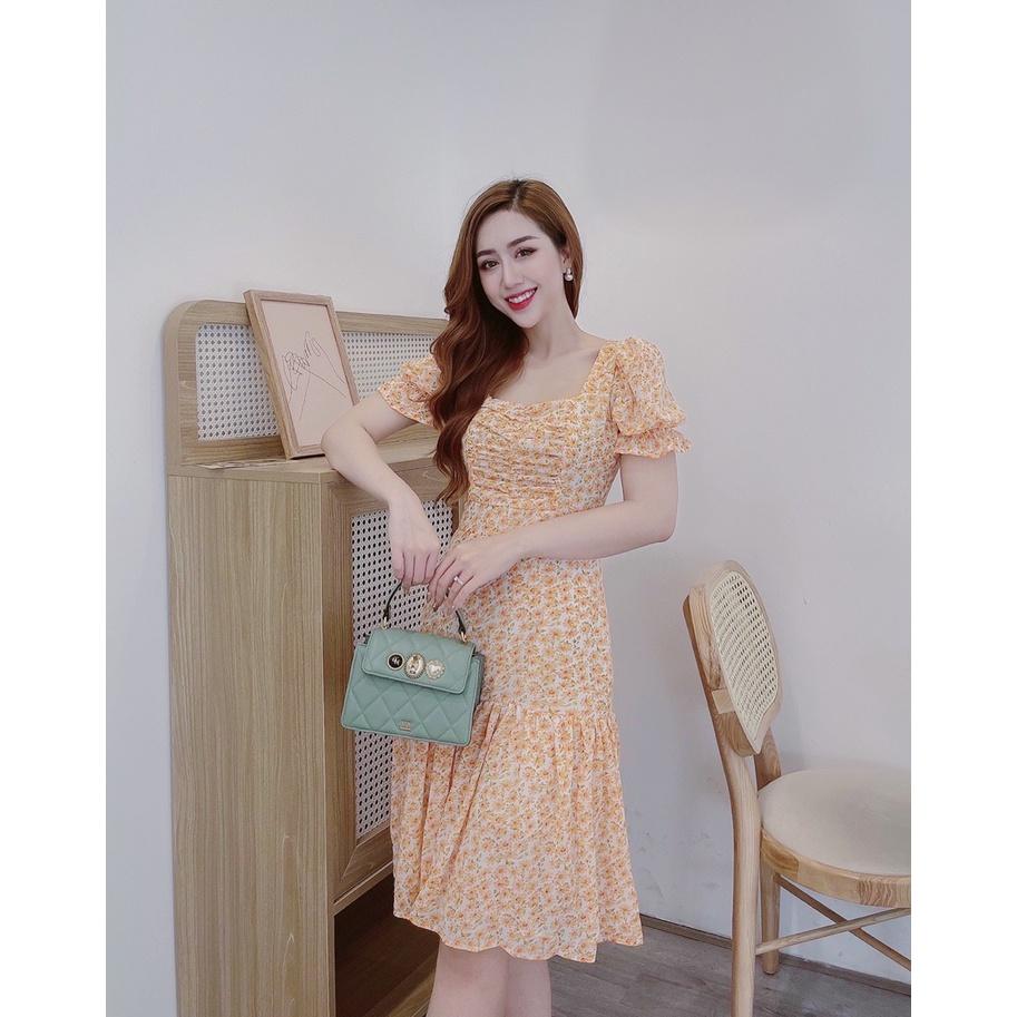 Váy voan hoa cổ vuông siêu xinh – đầm dự tiệc 2 lớp mẫu thiết kế VHV101