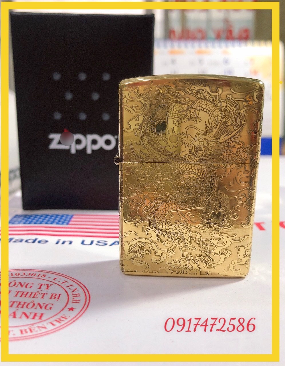 Bật lửa Zippo Mỹ 204B Brushed Brass, Khắc ăn mòn 5 mặt Chủ đề Rồng Phun Châu