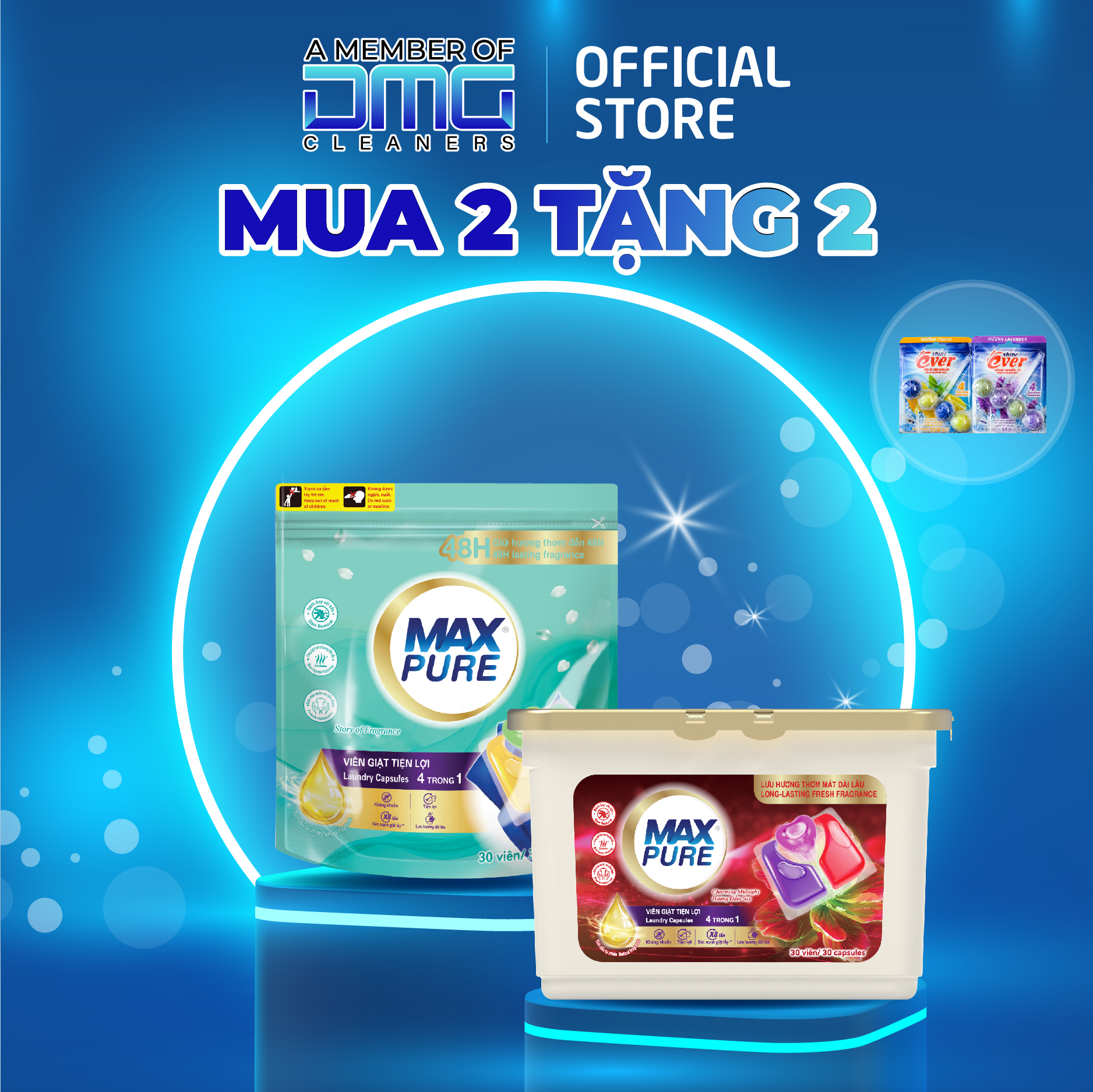 Combo 1 Túi viên giặt Maxpure hương Huyền Thoại + 1 hộp hương Đắm Say tặng 2 viên treo bồn cầu Evershine