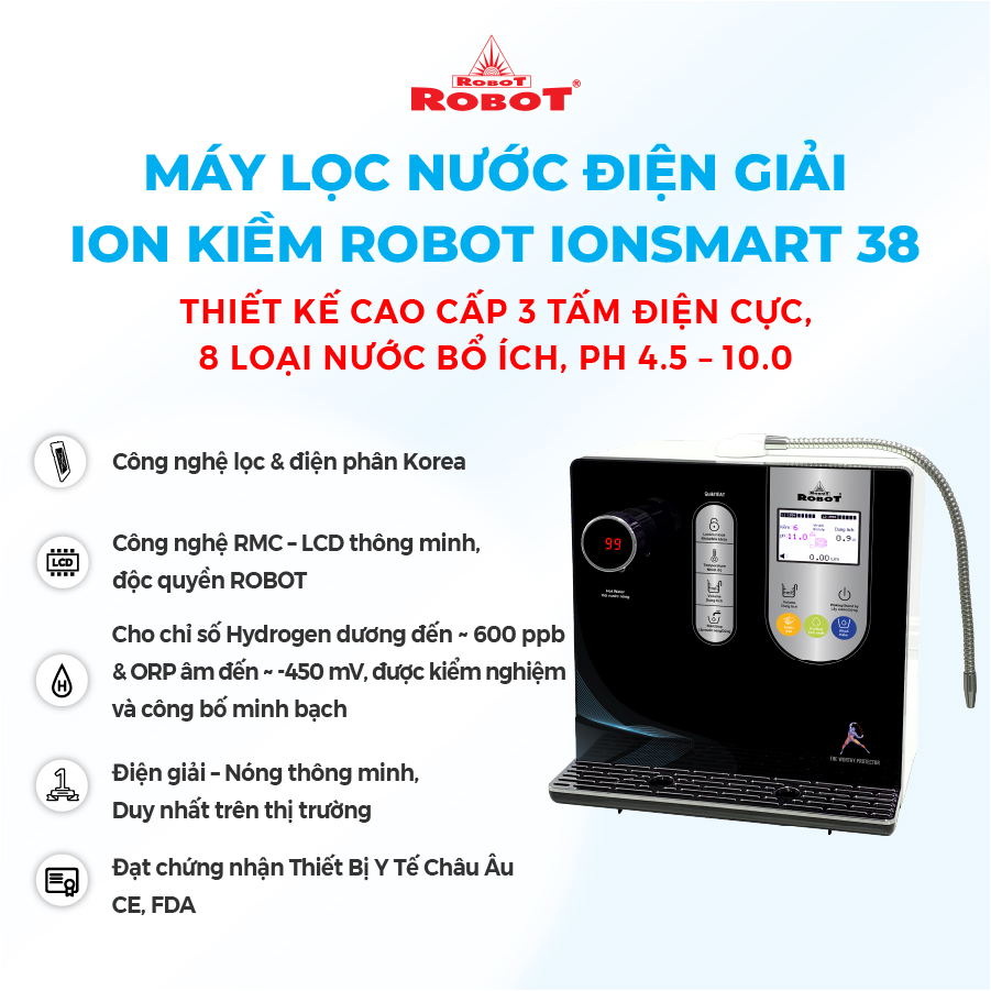 Máy Lọc Nước Điện Giải Ion Kiềm ROBOT IonSmart 38 Nóng Thông Minh - Hàng Chính Hãng