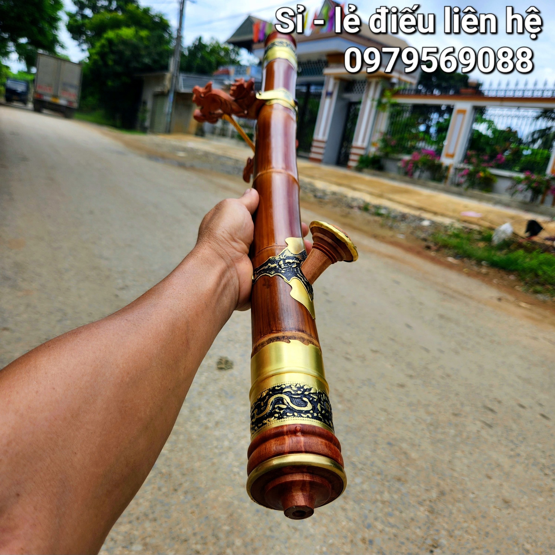Điếu trúc bọc đồng hoa văn 2 lớp