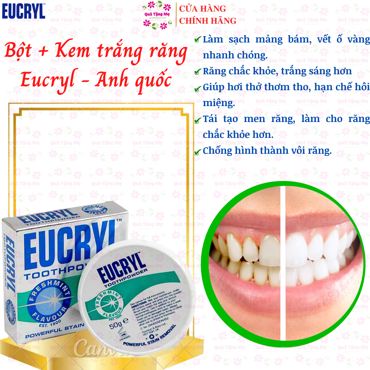 Bột trắng răng, Kem đánh răng trắng răng Eucryl Anh Giúp răng trắng sáng bền lâu , sạch bóng và thơm mát cả ngày - QuaTangMe Extaste