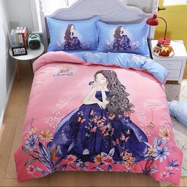 Set Chăn Ga Gối Cotton Tina Hàng Nhập Khẩu Cao cấp 4 Món Hoạt hình dành cho bé gái