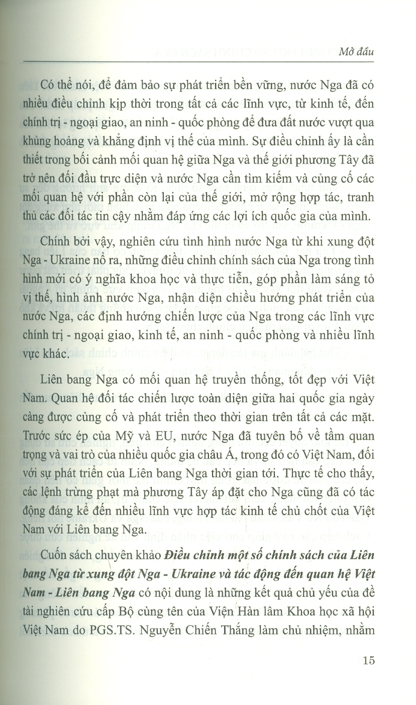 Điều Chỉnh Một Số Chính Sách Của Liên Bang Nga Từ Xung Đột Nga - Ukraine Và Tác Động Đến Quan Hệ Việt Nam - Liên Bang Nga (Sách Chuyên Khảo)