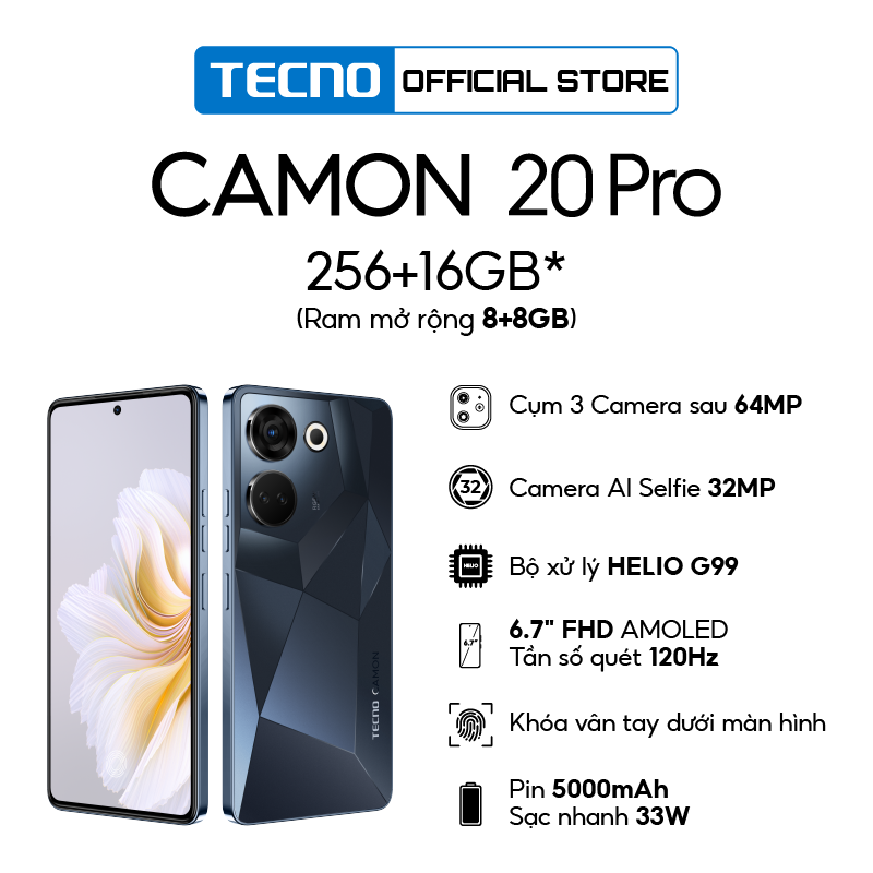 Điện thoại Tecno CAMON 20 Pro 8GB/256GB - Camera 64MP + 32MP | Helio G99 | 5000 mAh/ 33W | 6.7'' FHD AMOLED - Hàng Chính Hãng - BH 13 Tháng