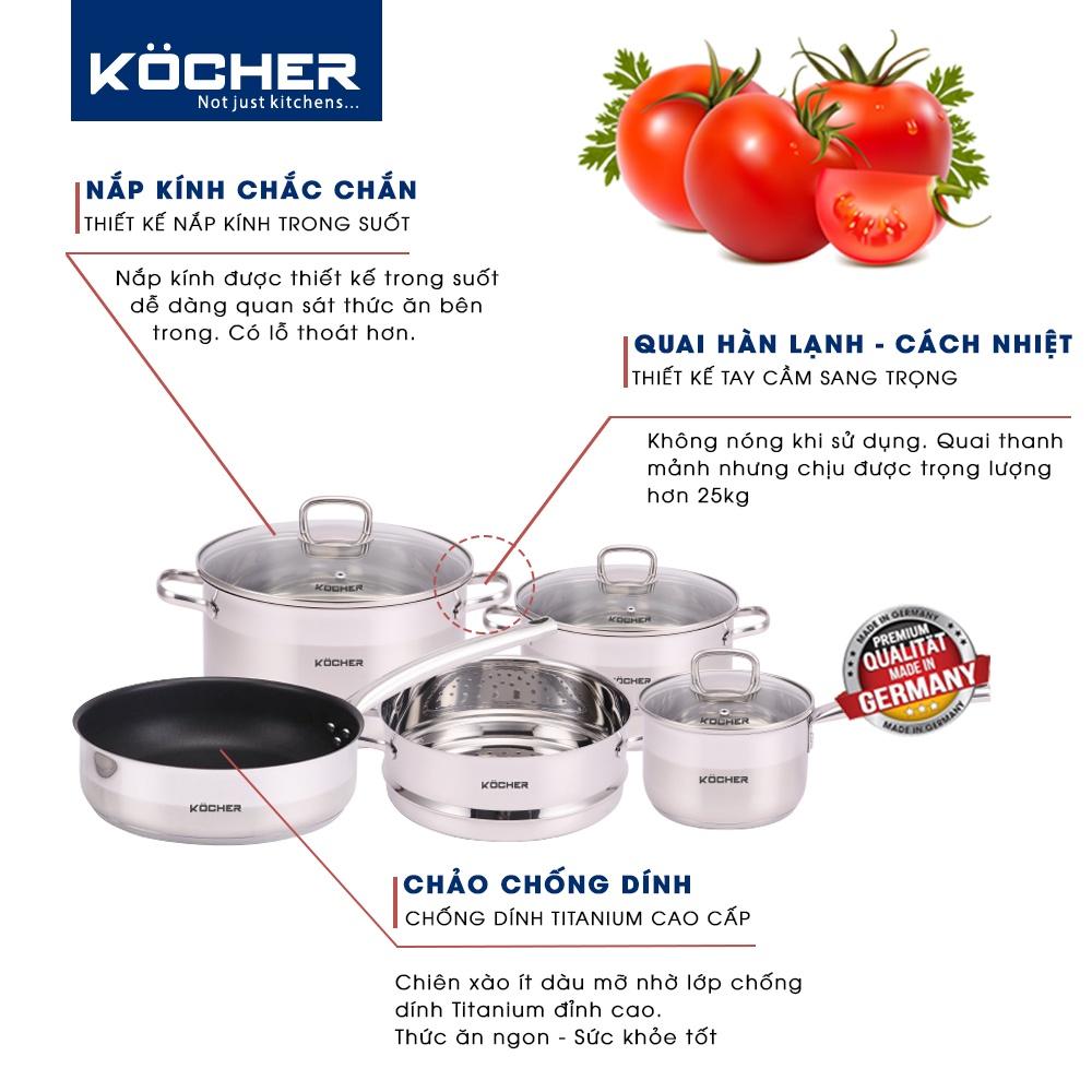 Combo bộ nồi chảo inox 304 5 đáy cao cấp KOCHER size 16cm, 20cm, 24cm dùng được cho mọi loại bếp