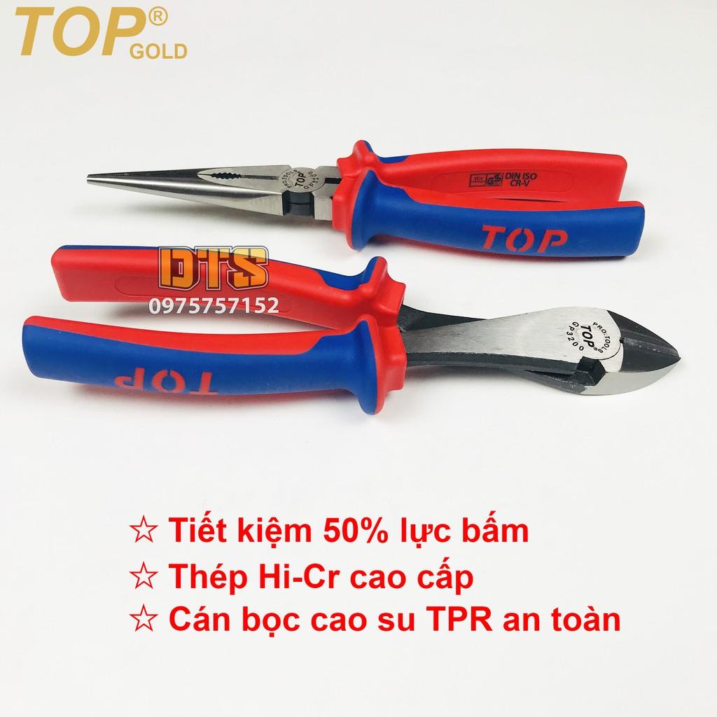 Bộ 2 kìm cắt - nhọn trợ lực chuyên nghiệp TOP GOLD 200mm, thép Hi-Cr cao cấp, thiết kế cộng lực tiết kiệm 50% lực bấm