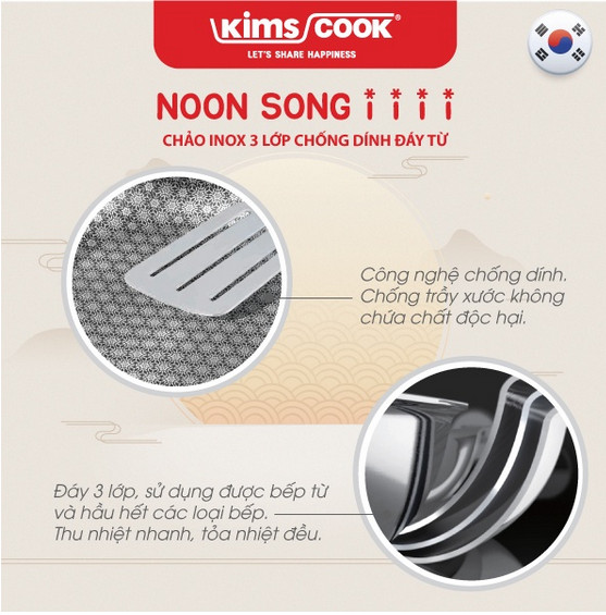 Chảo xào inox 304 cao cấp KimsCook NOONSONG 2 quai 32cm chống dính 2 mặt 3 lớp đúc liền đáy từ nắp kính - tặng 1 sạn inox