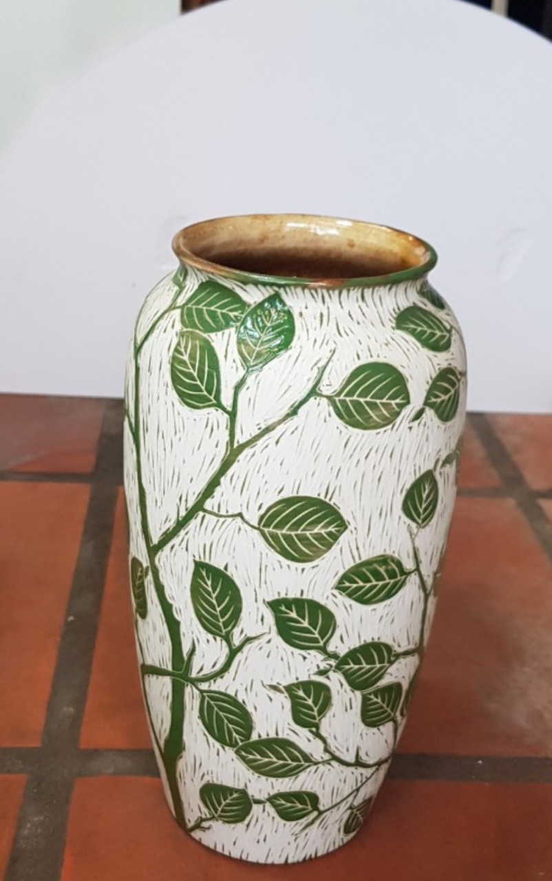 Bình hoa dạng ống tròn, họa tiết cây lá xanh men nhám thô, cao 28cm, trang trí nhà cửa, quà tặng tân gia, sinh nhật, gốm Bát Tràng. Giao từ HCM