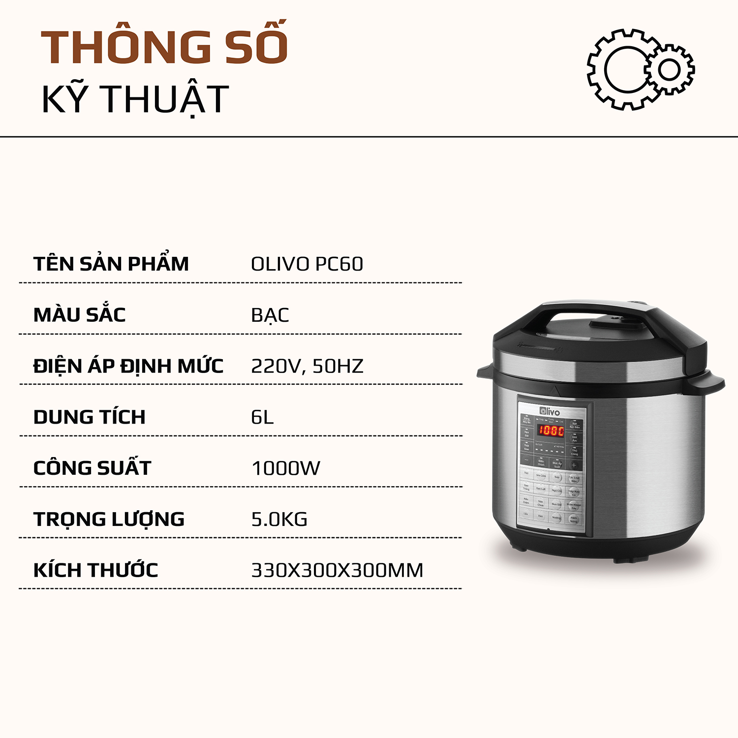 Nồi áp suất điện Olivo PC60 - 16 chức năng - 6 lít - 1.000W - BH 2 năm