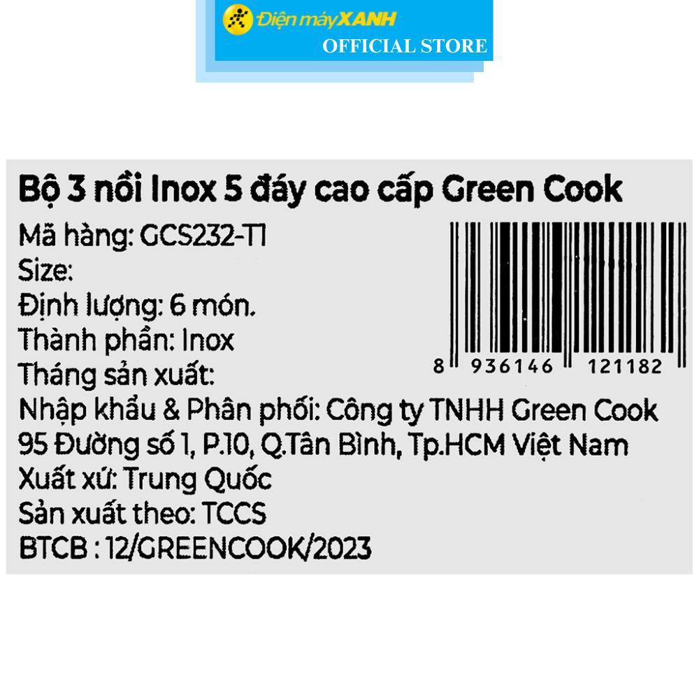Bộ 3 nồi inox 5 đáy nắp kính Green Cook GCS232-T1 - Hàng Chính Hãng