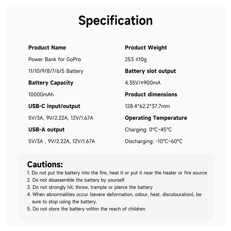 Ngân hàng điện mạnh mẽ của Telesin 10000mah cho GoPro11 Hero 11 10 9 cho GoPro 8 7 6 5 Sạc nhanh pin bên ngoài PowerBank
