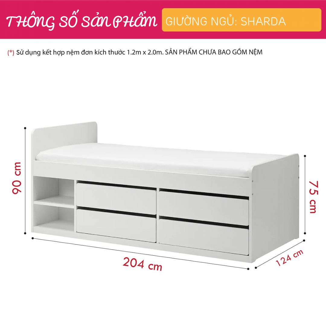 Giường ngủ gỗ hiện đại SMLIFE Sharda | Gỗ MDF dày 17mm chống ẩm | D204xR124xC90cm