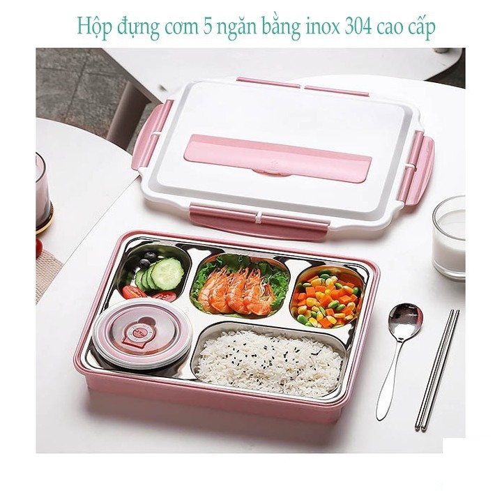 Hộp Cơm Văn Phòng 5 Ngăn Inox 304 Giữ Nhiệt Chống Tràn Có Giá Điện Thoại Tặng Thìa Đũa Cao Cấp