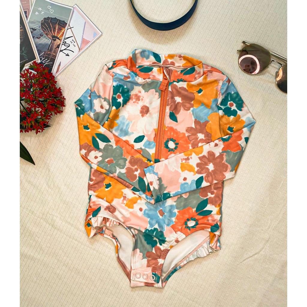 9M-5T Bikini đồ bơi đi biển 1 mảnh hoa pastel nhún ống cho bé gái cài bỉm dài tay cổ đứng khóa ngực chống nắng