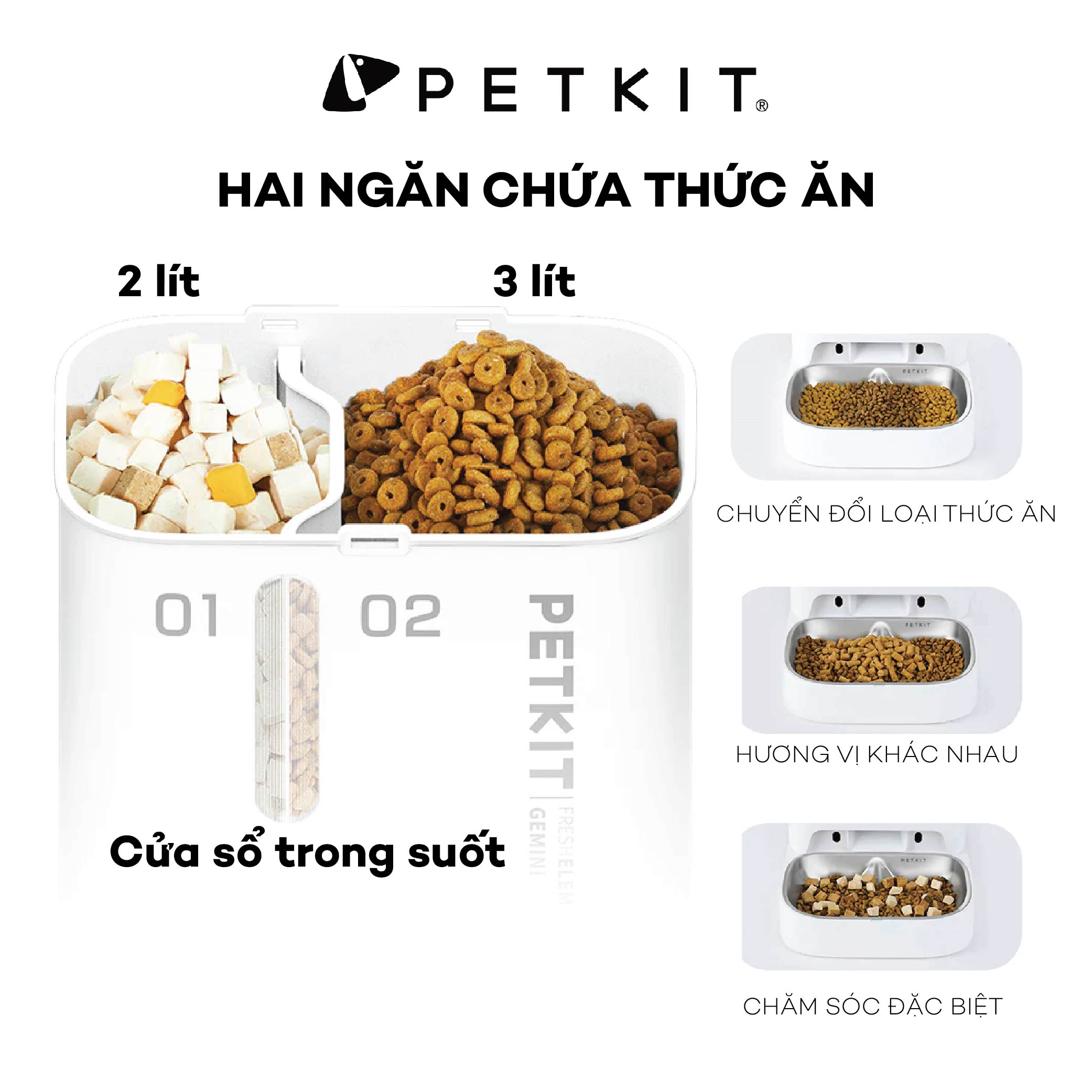 Máy Cho Chó Mèo Ăn Tự Động Petkit Gemini Kết Nối Wifi, Hai Ngăn, Dung Tích 5 Lít