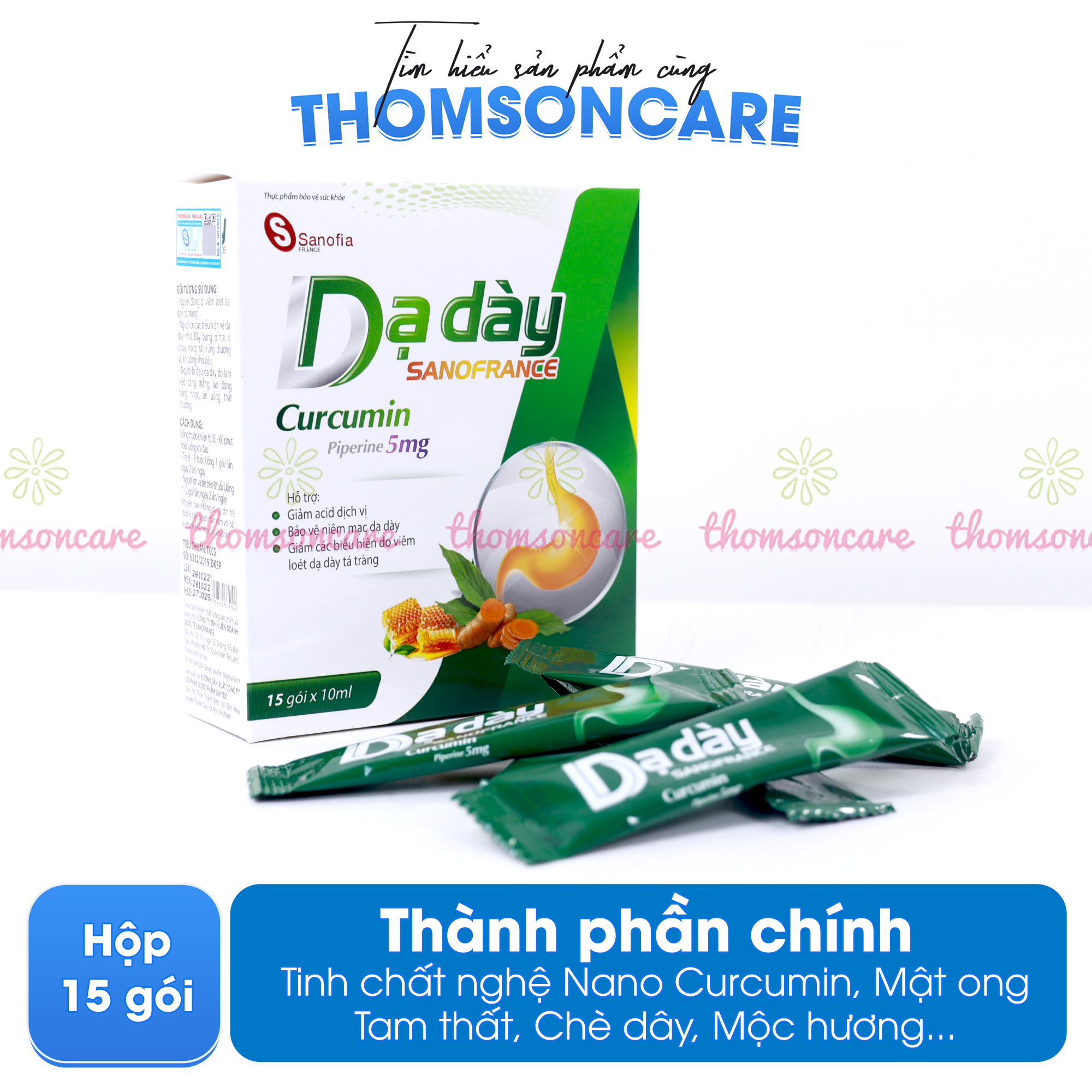 Dạ dày Sanofrance Curcumin Sanofia - Hỗ trợ giảm acid dịch vị, ợ chua, trào ngược dạ dày từ thảo dược - Hộp 15 gói Thomsoncare