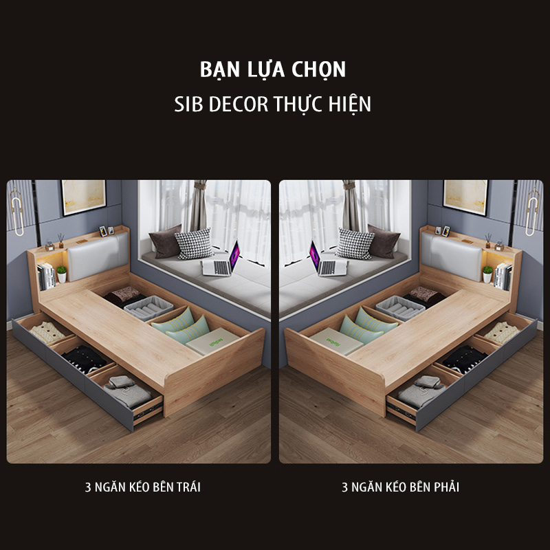 Giường Gỗ Đơn Dài 1.2m Phối Đèn LED và 3 Ngăn Kéo Màu Oak Phối Xám Chì SIB Decor GN16
