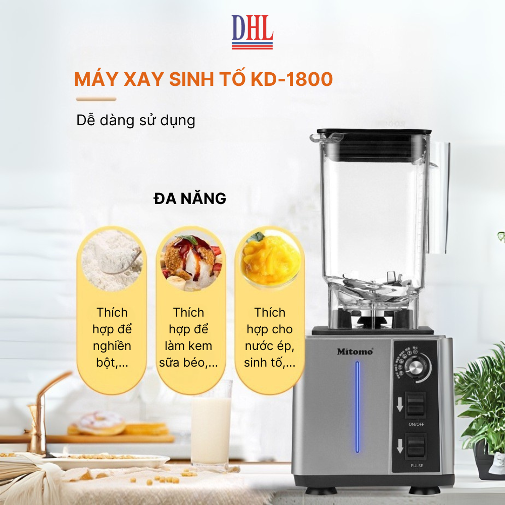 Máy xay công nghiệp, máy xay sinh tố đa năng Mitomo KD-1800, chuyên dụng cho kinh doanh - BH 3 năm hàng chính hãng