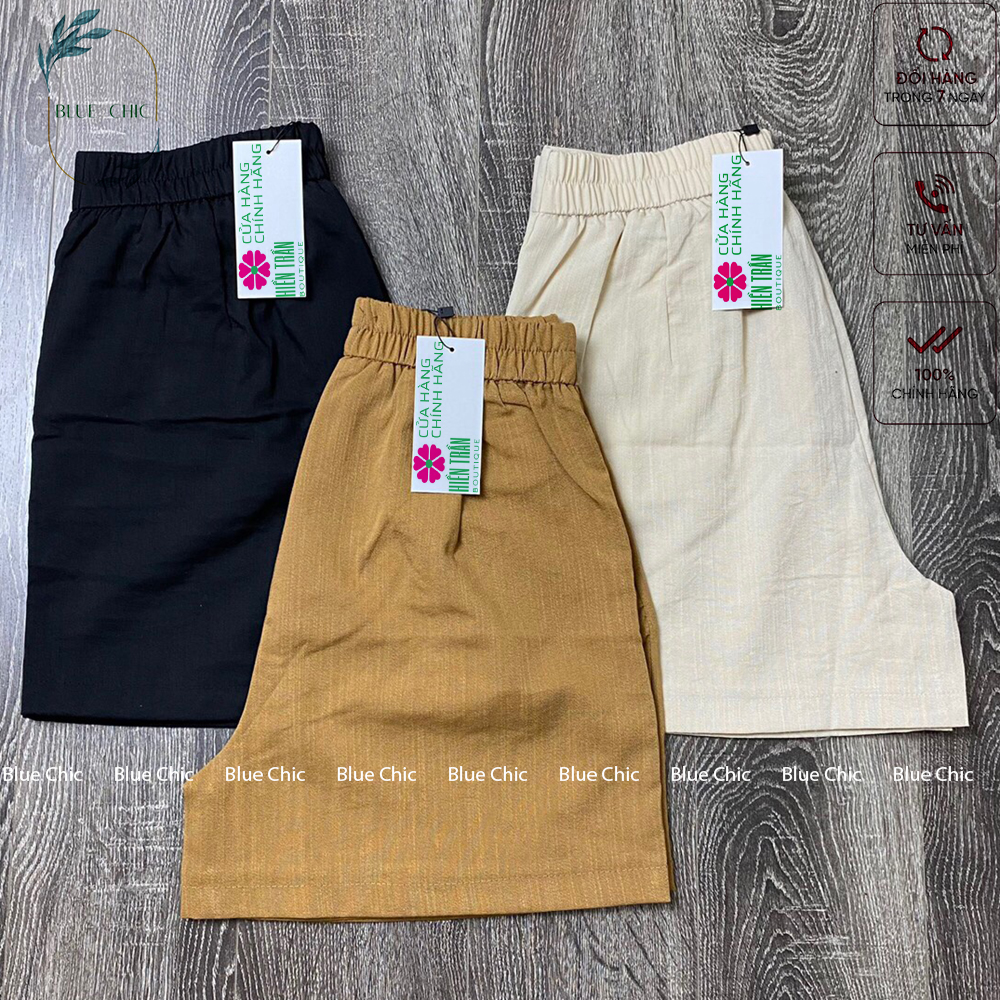 Quần short đùi nữ Blue Chic vải đũi ống rộng, mặc mát, thấm mồ hôi cạp cúc lưng chun khóa kéo