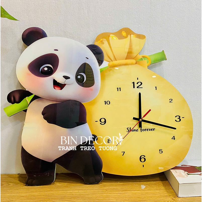 (ẢNH CHỤP THẬT)Tranh đồng hồ đèn led tráng gương gấu trúc dễ thương 6 kèm đinh treo