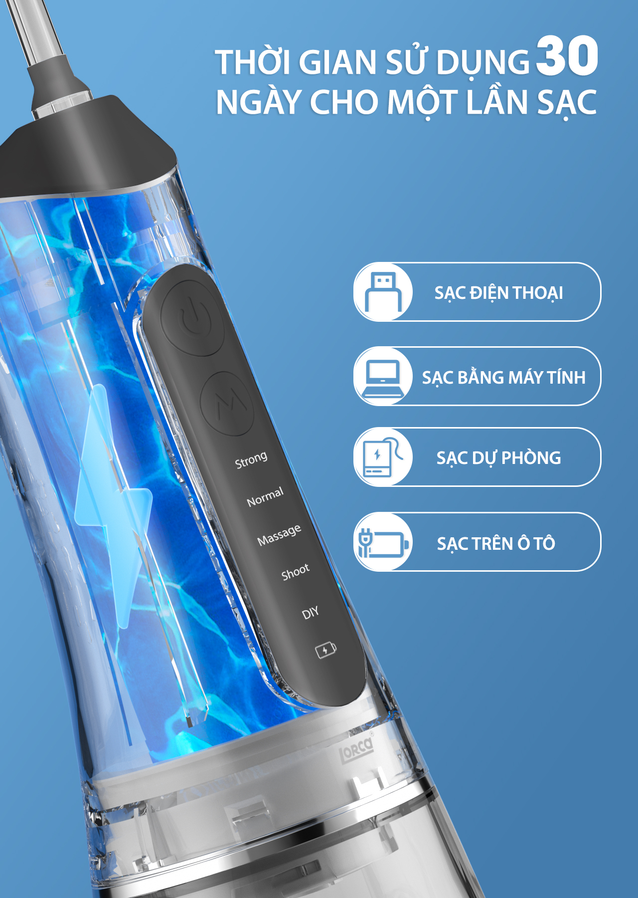 Máy Tăm Nước Cầm Tay Chính Hãng Lorca TA 9109WT Vệ Sinh Răng Miệng, Bộ 5 Đầu Tăm, 5 Chế Độ Sử Dụng