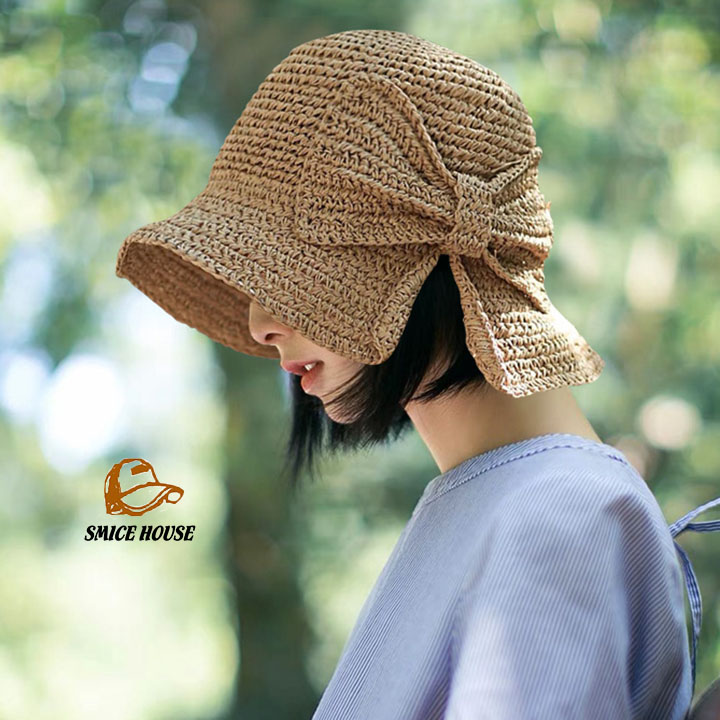 Mũ cói raffia mềm đi biển đan trơn đính nơ vành rộng chống nắng có thể gấp gọn thời trang phong cách Hàn Quốc hàng cao cấp- Smice House
