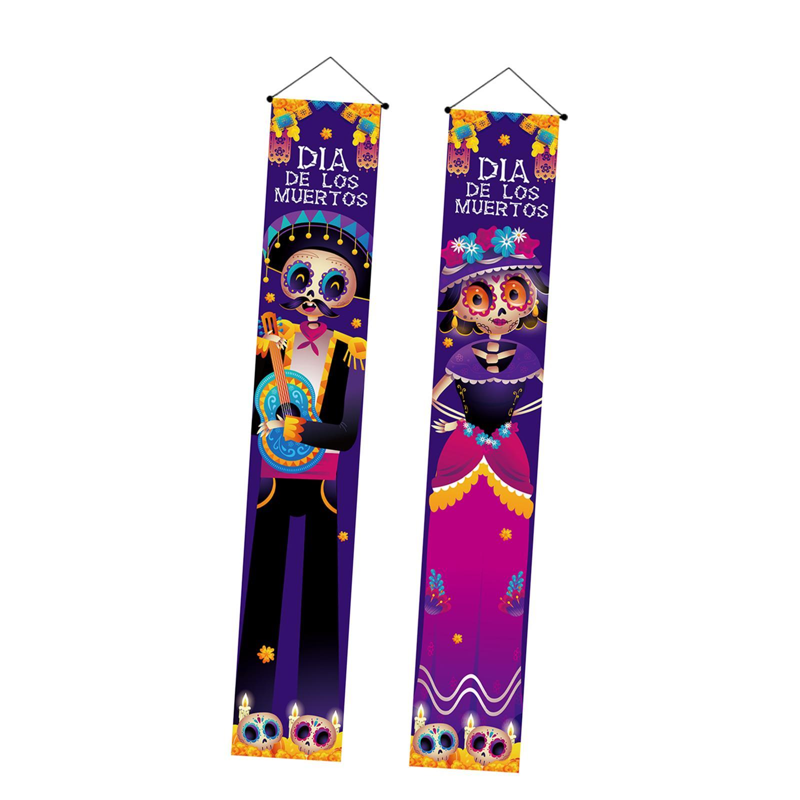 Halloween Banners Mexican Day of The Dead Flag Ornaments Holiday Hanging Banner Decorative Festival Halloween Decorations Lighted Porch Sign