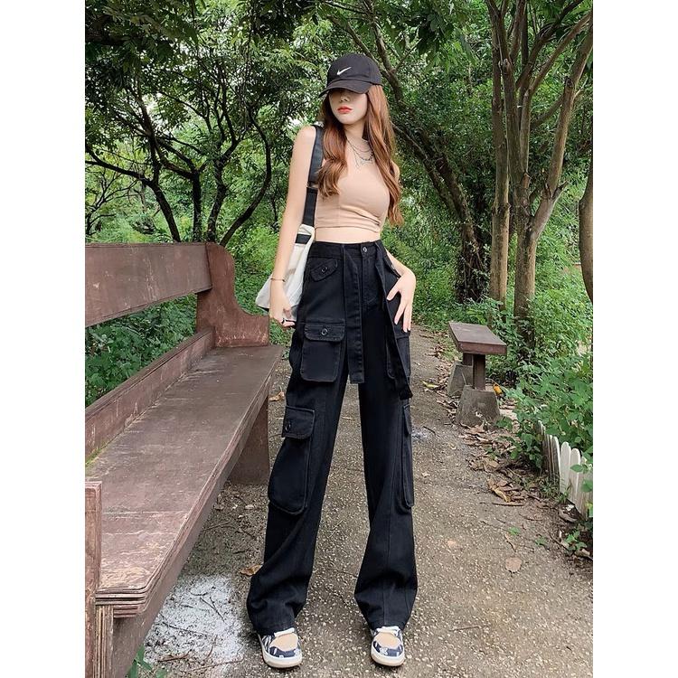 Quần kaki túi hộp Hiphop ống rộng xuông dài cargo pants trơn thời trang cho nữ/nam -hình thật