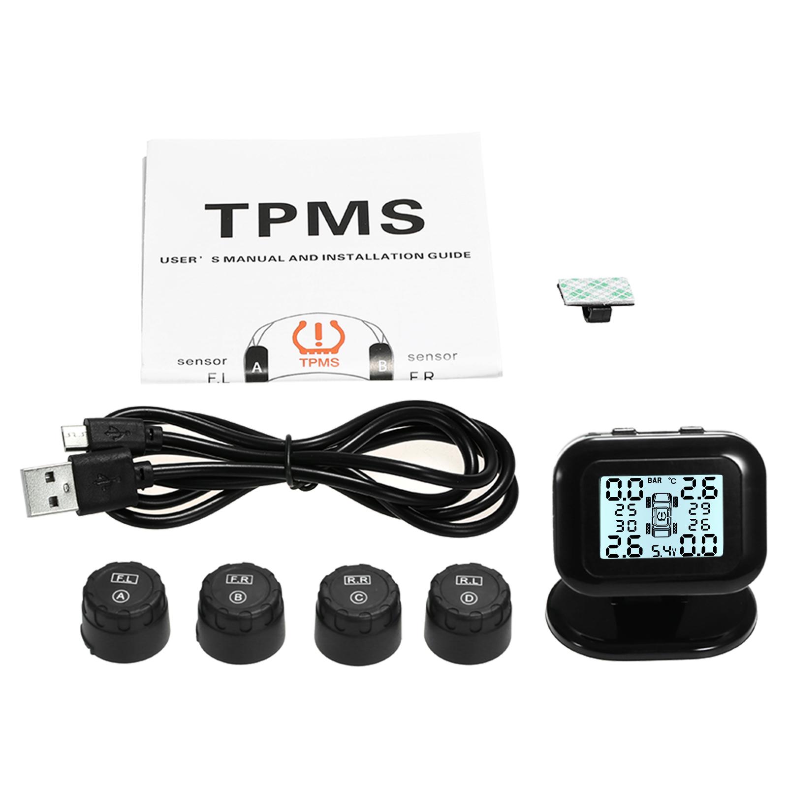 TPMS Tire Pressure Monitoring System Wireless Real-time LCD Display 4 External Sensors Alarm Function