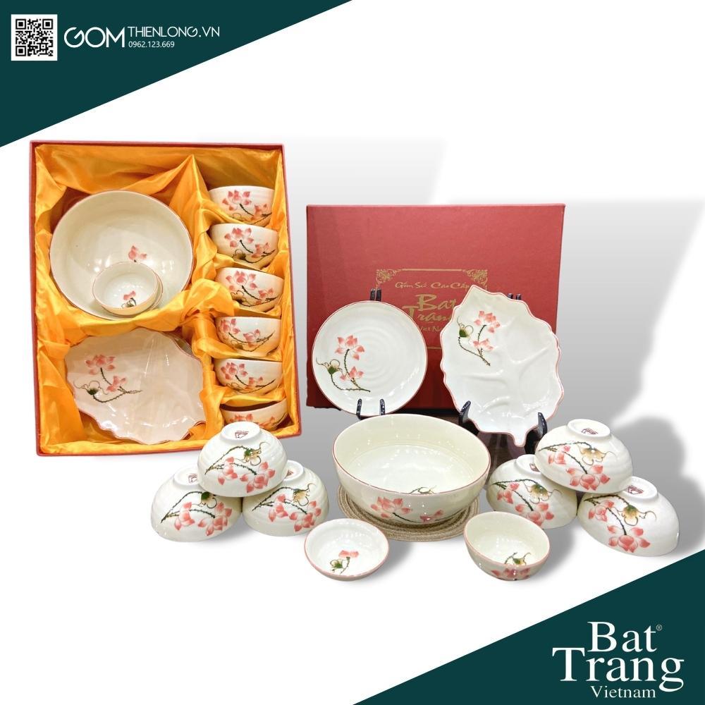 Bát Đĩa Quà Tặng Cao Cấp Sen Hồng - Bộ Bát Đĩa Bát Tràng Chính Hãng Loại 1 - Gốm Thiên Long