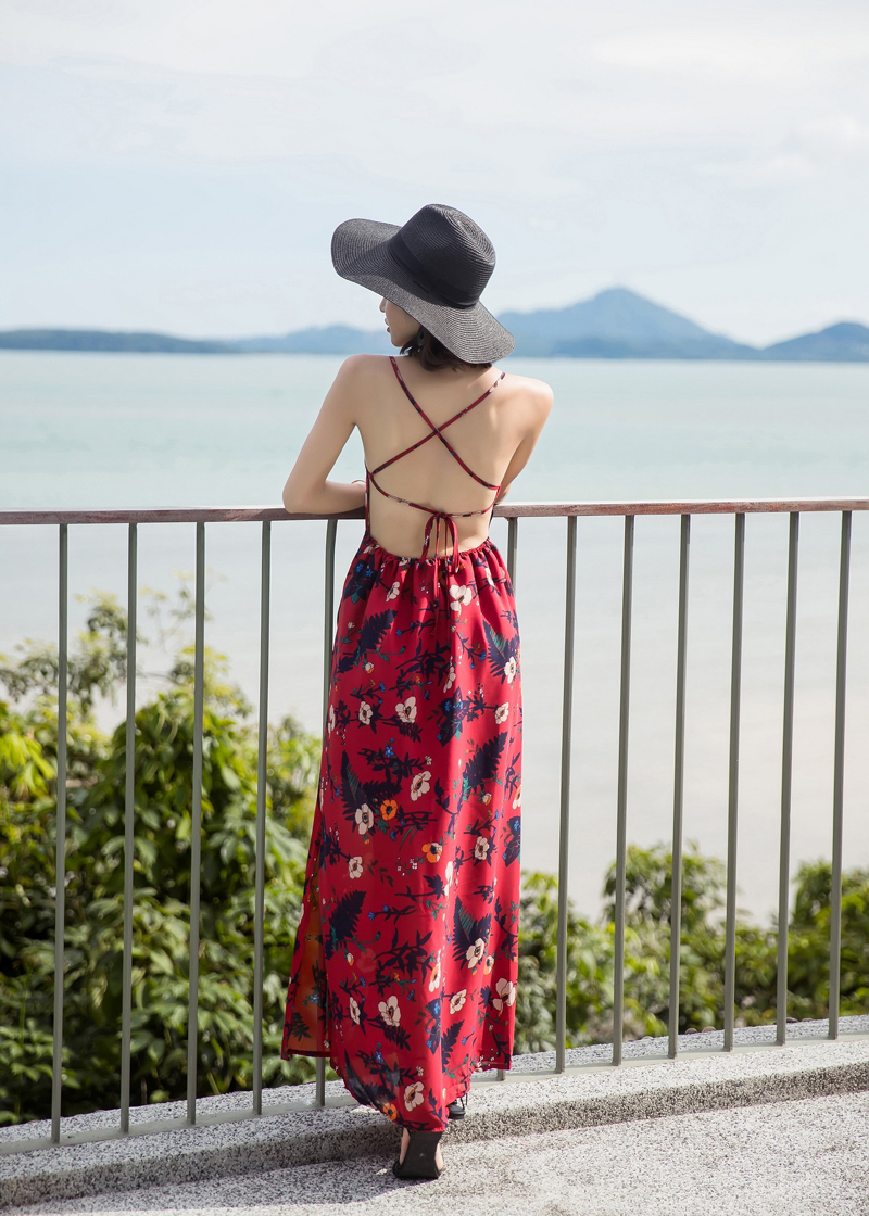 Váy maxi 2 dây lưng trần sexy, họa tiết trang nhã, thích hợp đi biển, dạ hội, sự kiện
