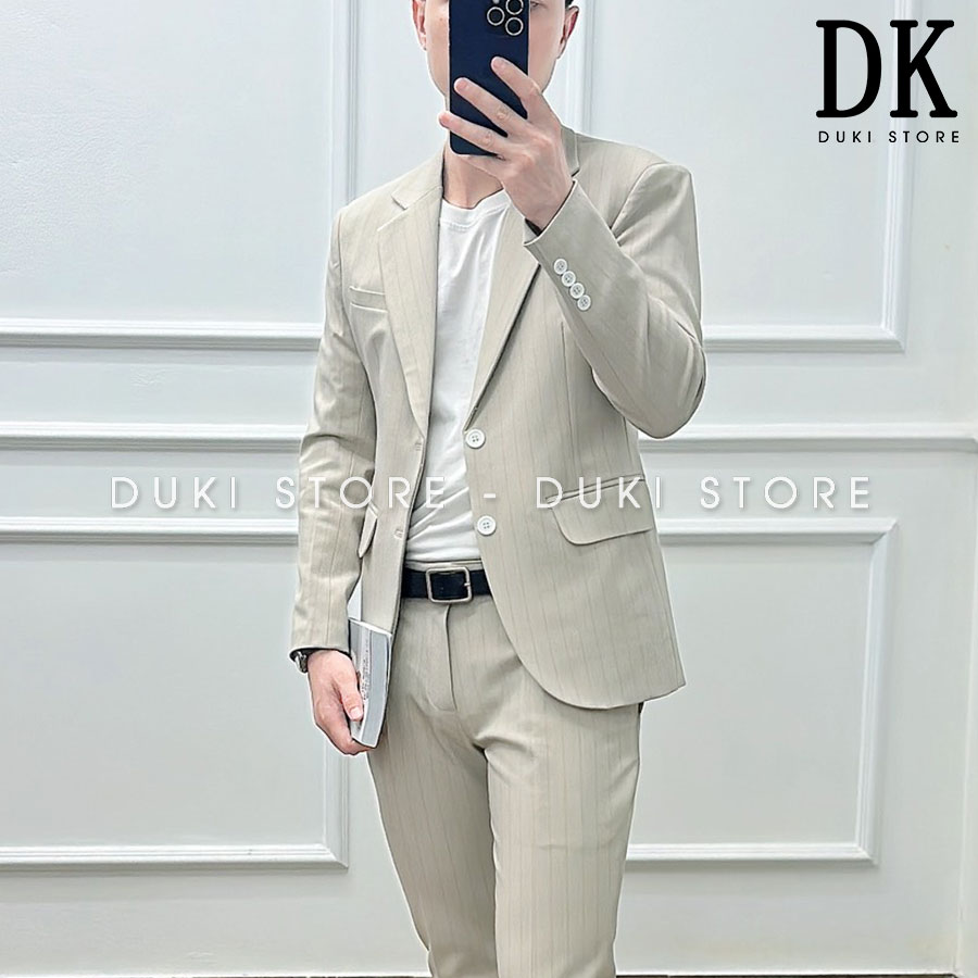 Bộ vest nam 2 cúc sọc kẻ màu kem cực sang DKB0046 - DUKI STORE