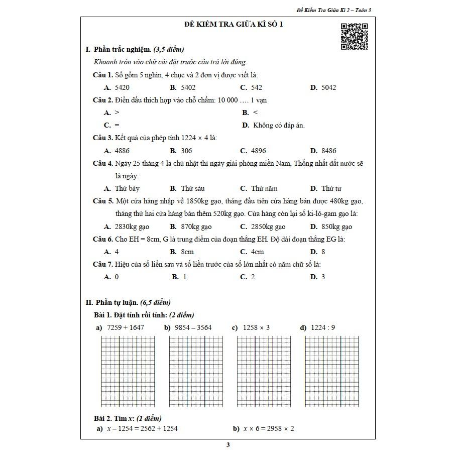 Đề Kiểm Tra Toán 3 - Học kỳ 2 (1 cuốn)