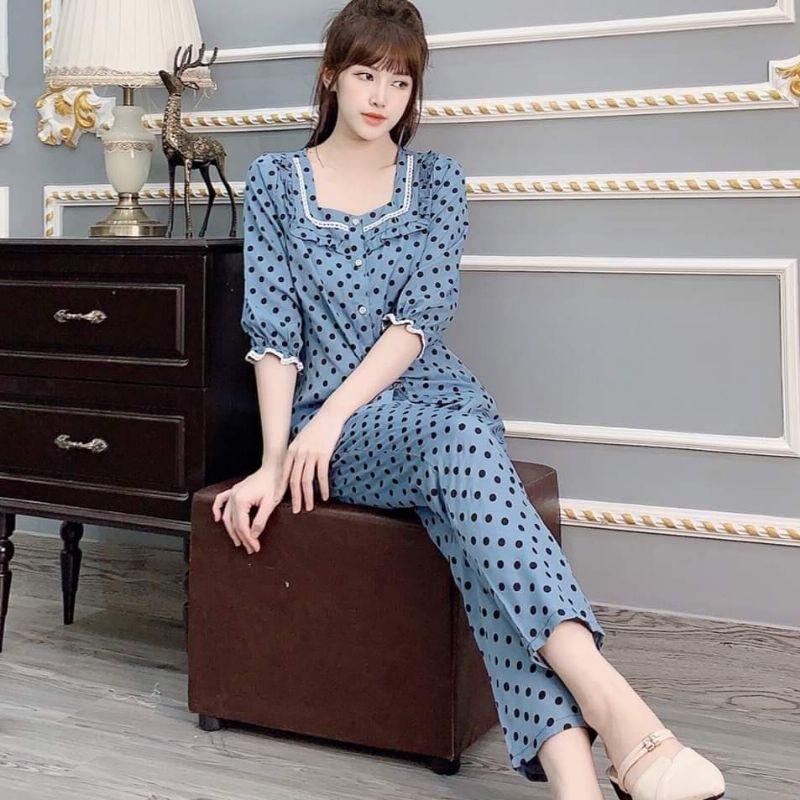 Quần áo mặc nhà cổ sen cao cấp phối lụa đẹp