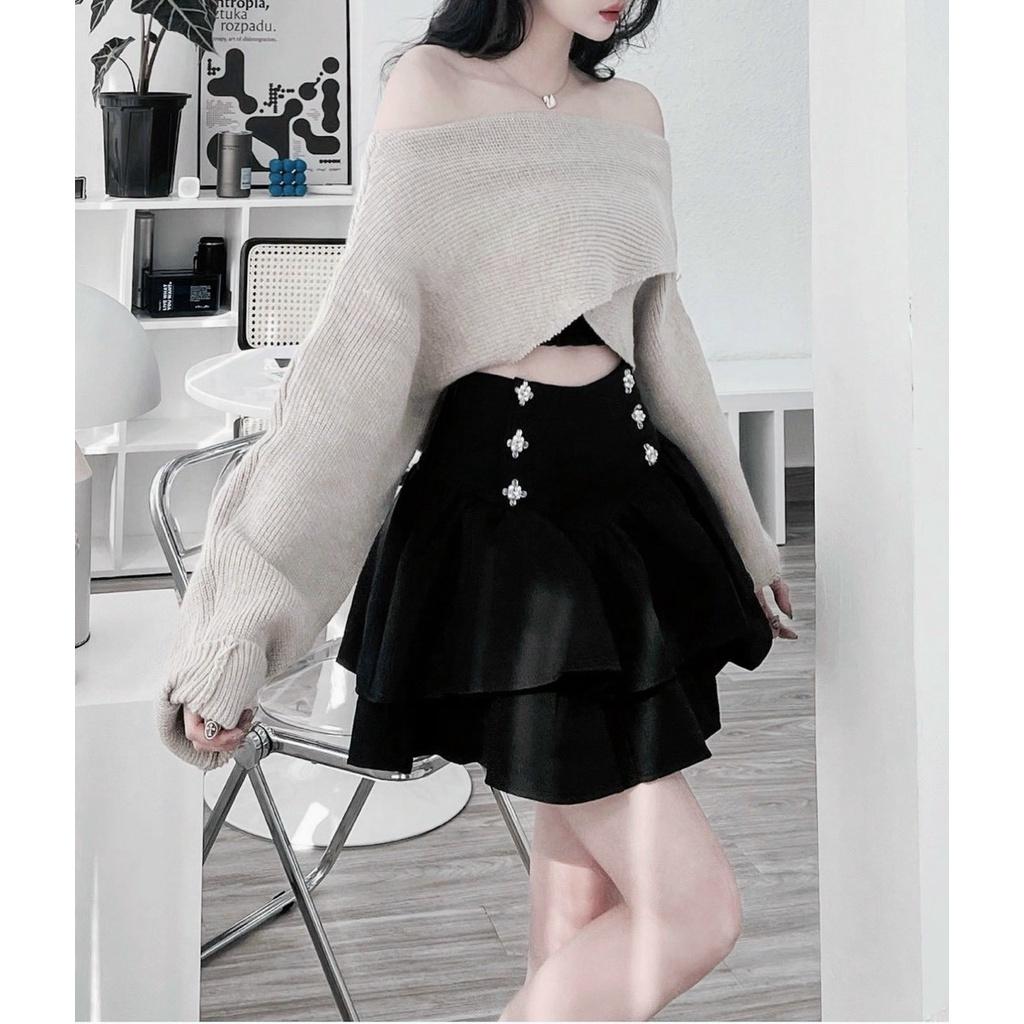 Sét 3 món áo đắp chéo kèm áo crop đen cúp ngực phối chân váy 2 tầng đính cườm
