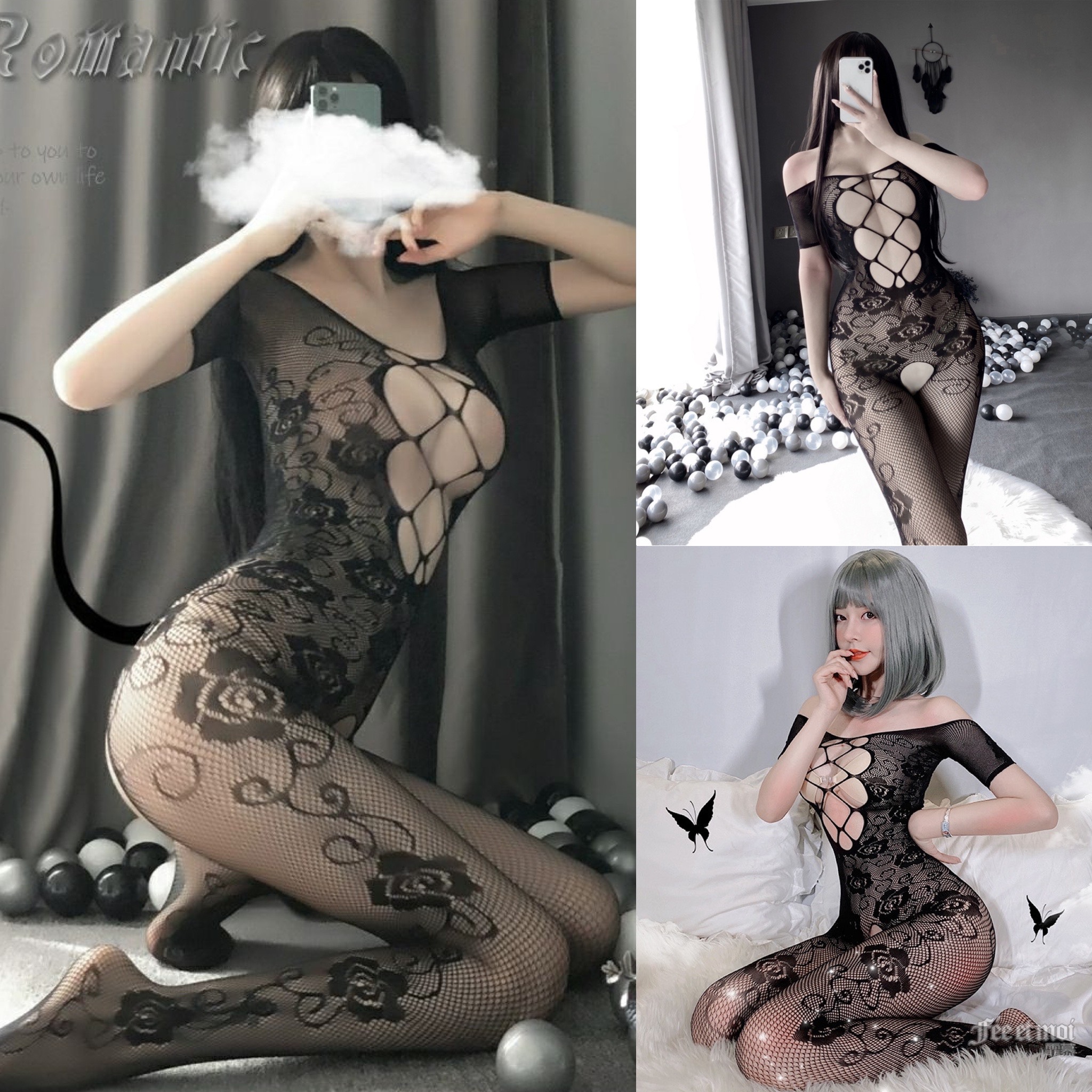 Đồ Ngủ Sexy Thun Lưới Bó Sát Bodystocking Đan Ngực Cộc Tay Tất Toàn Thân