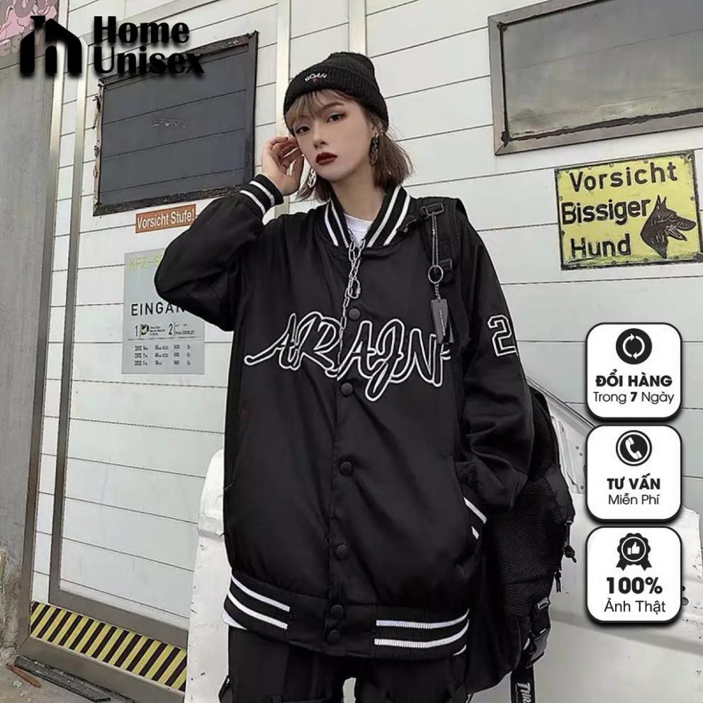 Hình ảnh Bomber, áo khoác Ar gió 2 lớp form rộng unisex cực chất, Áo Khoác Nữ, Áo Khoác Bomber AR Chất Nỉ Ngoại 2 Màu Đen/Trắng Fom To