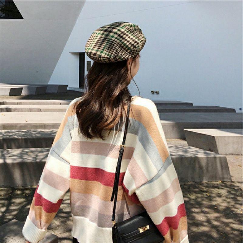 Áo len nữ thu đông màu sọc cổ tròn phong xách Hàn Quốc
