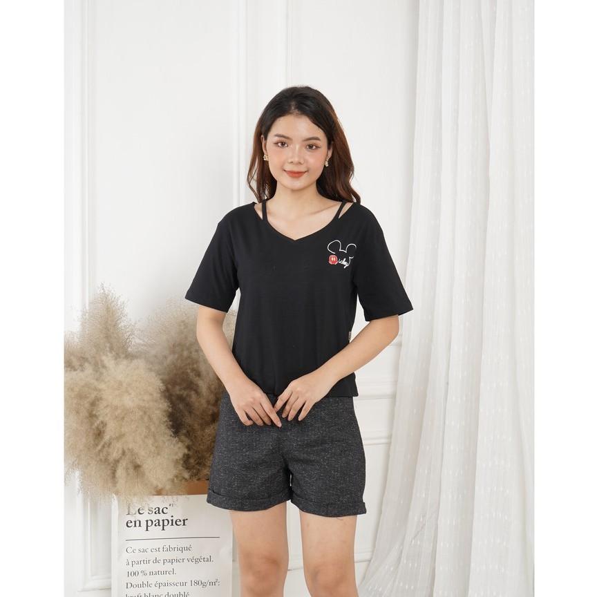 Áo thun in hình Mickey tay ngắn cổ tim dây- Sooyoung