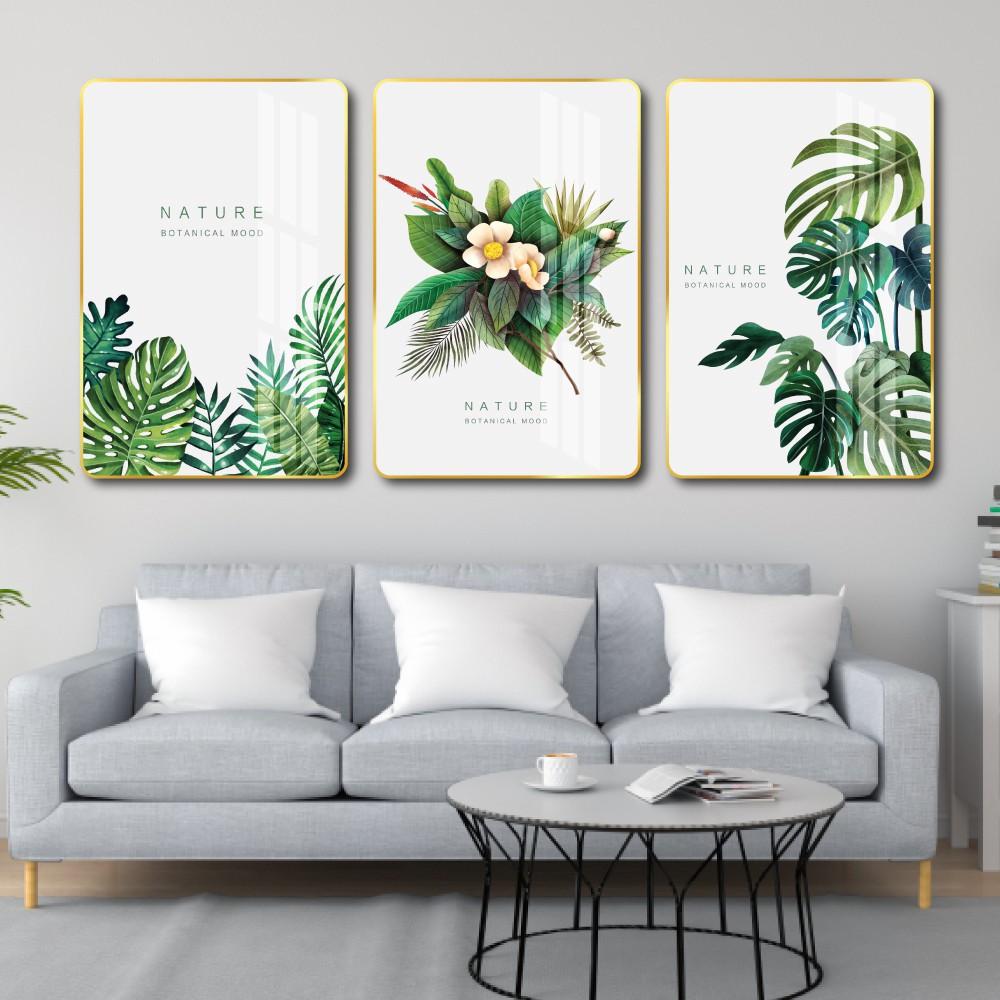 Tranh treo tường tráng gương lá xanh decor trang trí phòng ngủ, phòng khách, cầu thang có khung cao cấp cỡ đại tặng đinh