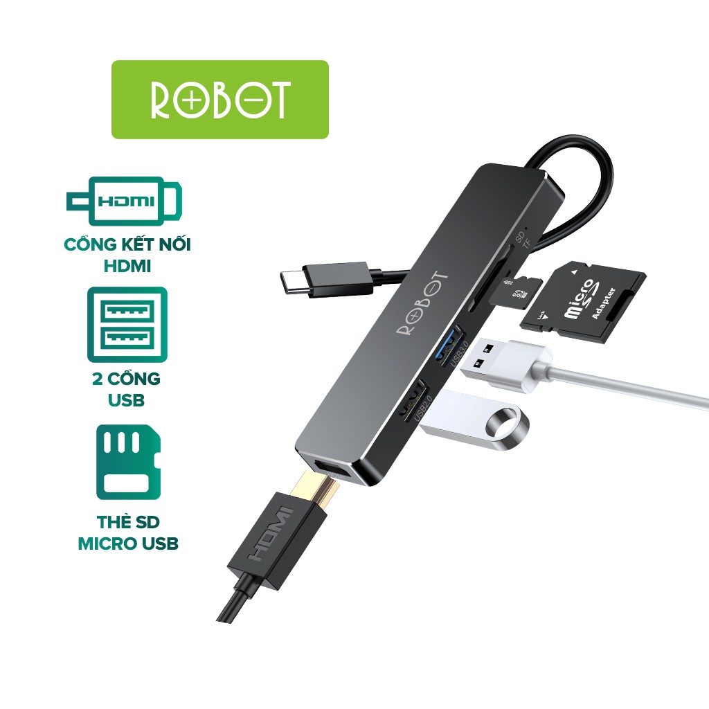 Bộ Chuyển Đổi Đa Năng HUB USB-C 5 In 1 ROBOT HT240S Type-C To USB 3.0/HDMI/PD/SD/TF - Hàng Chính Hãng