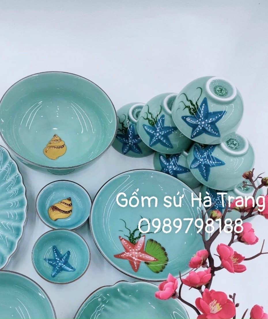 Bộ bát đĩa gốm sứ Bát Tràng cao cấp không chì men lam vẽ thế giới đại dương TGDD001